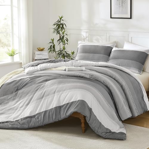 Litanika Twin/Twin XL Comforter Set - 2 Pieces Stripe Bedding Sets - Dark Grey College Dorm Girls Boys Lightweight Colorblock Stripe Fluffy Bedding Comforter Sets