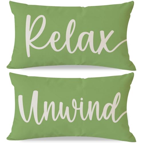 HERHOME Decorative Throw Pillow Covers 12x20 Inch Set of 2 Relax Unwind Apple Green Outdoor Spring Summer Front Porch Patio Decor Lumbar Cushion Case Decoration for Home Sofa Couch Living Room