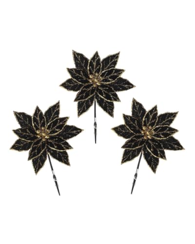 WeRChristmas Set of 3 Black Glitter Poinsettias, 15cm - Set of 3 black 15cm glitter poinsettias with layered petals for Christmas trees, wreaths, garlands and arrangements