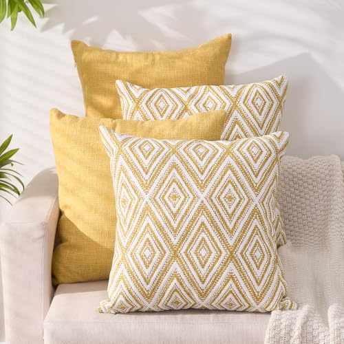 HPUK Throw Pillow Covers 18x18, 4 Pack, Ochre Textured Couch Pillow Covers - Polyester fabric, patterned and solid designs, hidden zippers, machine washable, for sofas and beds, inserts not included