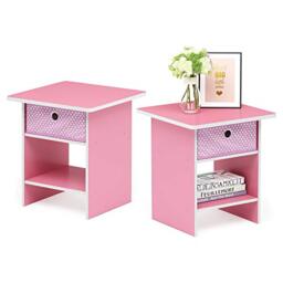 Furinno DARIO Side Table Set of 2, End Table with Storage Bin, Round Corner Night Stand, Bedside Table with Open Back Shelf, for Living Room, Bedroom, Pink