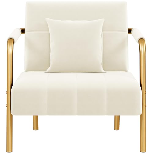 Yaheetech Beige Velvet Upholstered Tub Accent Armchair Compact Lounge Chair - Padded Comfort Pillow, Striking Golden Metal Legs & Soft Velvet Upholstery for Living Rooms, Bedrooms and Home Offices