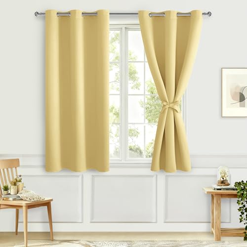 Hiasan Short Blackout Curtains for Bedroom - Thermal Insulated & Energy Saving Window Curtains for Living Room, 2 Drape Panels Sewn with Tiebacks, Light Yellow, 42 x 45 Inch