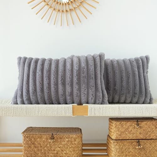 JOJUSIS Faux Fur Plush Throw Pillow Covers, Grey, 12 x 20-Inch - Pack of 2, Couch Cushion Case, Soft Pillowcases, Decorative