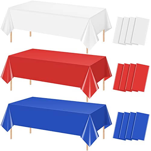 12 Pack 4th of July Tablecloths, 4 Red 4 White 4 Blue Disposable Plastic Tablecloth, Rectangle Table Cover for Independence Day Memorial Day Veterans Day Decorations Party Supplies, 54 x 108 Inch