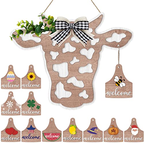 Maitys 13 Pcs Cow Head Door Wreath Sign Christmas Decor Welcome Hanger Rustic Wooden Hanging Farmhouse Cow Decor with Buffalo Plaid Bow Artificial Leave for Front Door, 14.9 x 11 Inch(Calf Head Shape)