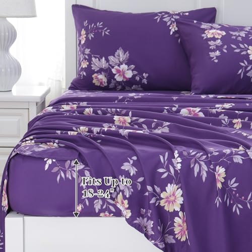 MEISHANG King Sheet Set - Ultra Soft Floral Sheets Extra Deep Pocket Fitted 18-24 Inch 100% Microfiber,1800 Thread Count Floral Bed Sheets Oeko-Tex Certificated 4 Pieces - Purple Flower