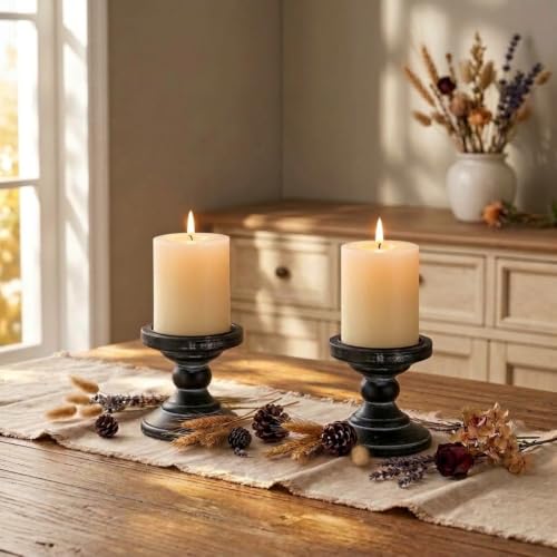 Inweder Wooden Candle Holders for Pillar Candles: 2 pcs Black Rustic Candle Holders Farmhouse Candleholder for Home Decor Tall Pillar Candle Holder Stand for Halloween Christmas Fireplace Party Event