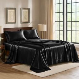 Satin Sheets King [4-Piece, Black] Hotel Luxury Silky Bed Sheets - Extra Soft 1800 Microfiber Sheet Set, Wrinkle, Fade, Stain Resistant - Deep Pocket Fitted Sheet, Flat Sheet, Pillow Cases