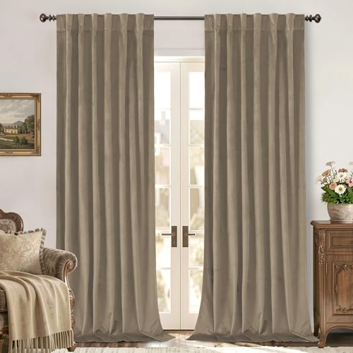 BGment Taupe Velvet Curtains 84 Inches - Blackout Curtains for Bedroom, Super Soft Thick Thermal Insulated Room Darkening Drapes with Back Tab and Rod Pocket for Living Room, 2 Panels, 52 x 84 Inch
