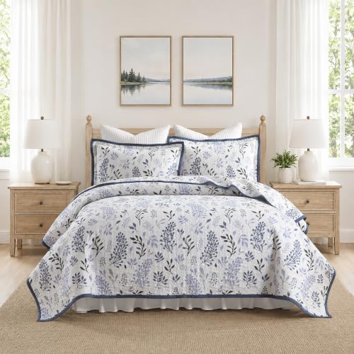 Blue Floral Queen Size Quilt Set - Farmhouse Floral Bedspread,100% Cotton Garden Leaves Quilts, Queen Size Lightweight Soft Coverlet, Queen Quilt Bedding Set All Season 3-Piece, Blue and White
