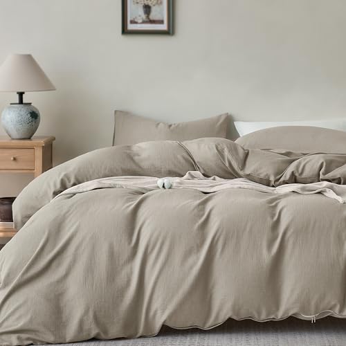 JELLYMONI 100% Cotton Full Duvet Cover Set, Washed Linen-Like Texture - Pre-Shrunk, with Natural Wrinkles, Wide Zipper Opening, Colorfast,8 Reinforced Ties,1 Duvet Cover&2 Pillowcases