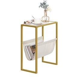 HOOBRO Gold Side Table, Narrow Side Table, Modern Slim Table with Tempered Glass Top, Sofa End Table with Fabric Magazine Holder, Bedside Table for Small Spaces, Bedroom, Living Room, Gold EGD66BZ01