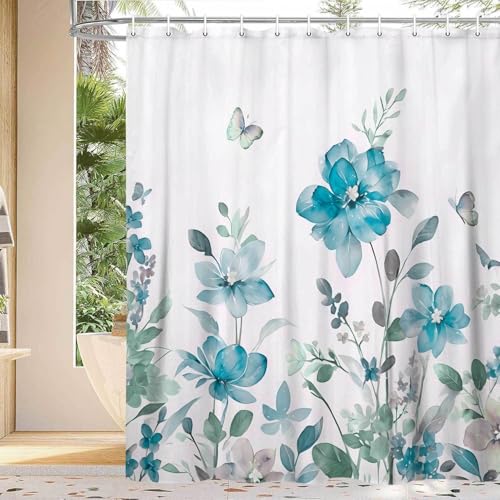 YDIDIAN Turquoise Blue Floral Shower Curtain, Turquoise Blue Lavender Floral Butterfly Boho Shower Curtains for Bathroom, Farmhous Flower Cute Fabric Shower Curtain Set with 12PCS Hooks, 70X70IN