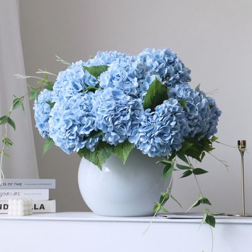"grtefhu 4pcs 21"" Faux Blue Hydrangeas Artificial Flowers, Real Touch Silk Hydrangea Flowers with Stems for Bridal Wedding Bouquet Party Home Decor"