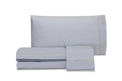 Laura Biagiotti, Double Bed Sheet Set, Plain with Embroidery, 100% Cotton Percale, Top Sheet, Fitted Sheet, Pair of Pillowcases, Pearl Grey