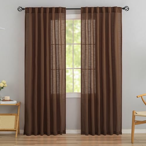 DONREN Cocoa Brown Back Tab Curtains 78 Inches Long 2 Panels for Guest Room -Elegant Modern Country Semi Sheer Privacy Drapes Hooks Belt Light Filtering Playroom Curtains W52 x L78