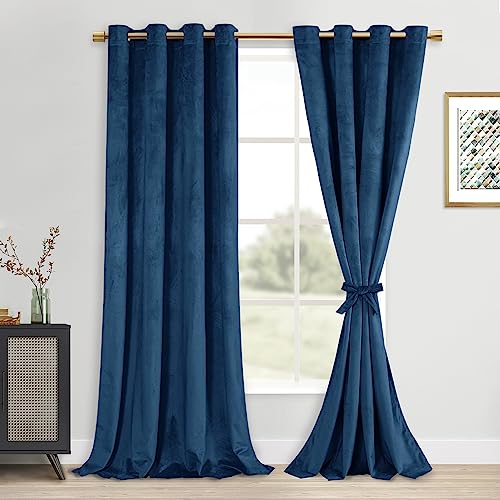 DWCN Navy Blue Blackout Velvet Curtains 96 Inches- Refresh Bundleable Heavy Duty Thermal Insulated Noise Absorb Grommet Window Panels for Bedroom/Living Room Backdrop Decor, W52 x L96, Set of 2
