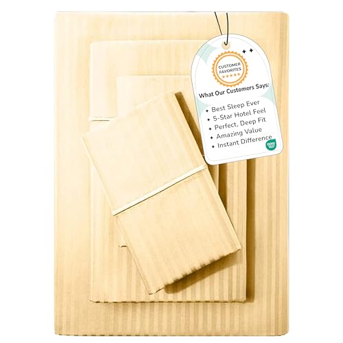 Feather & Stitch Full Size Damask Stripe Sheet Set - 4 Piece Set, Ultra Soft 100% Cotton Sheets, 500 Thread Count Luxury Sateen Weave, Deep Pocket Bedsheets, with 2 Pillowcases (Full, Semolina)