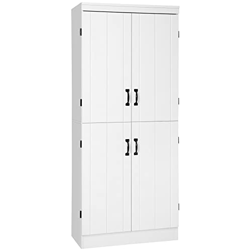 HOMCOM 4-Door Tall Kitchen Cupboard, Freestanding 6-Tier Storage Cabinet with 2 Adjustable Shelves for Living Room, Dining Room, White