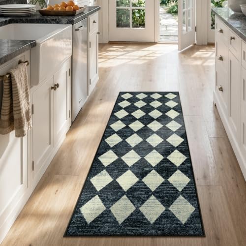 Lahome Washable Black and White Kitchen Runner Rug, 2x5 Soft Non Slip Laundry Room Rug Bathroom Runner Rugs with Rubber Backing, Moroccan Trellis Kid Pet Friendly Carpet Runner for Entryway Bedside