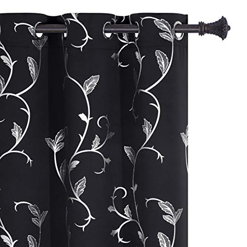 BUHUA Small Window Blackout Curtains with Silver Vine Print Pattern Black Blackout Curtains for Kitchen Window 38W??45L Black Set of 2
