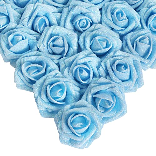 IPOPU Artificial Glitter Roses, 25pcs Foam Glitter Roses Glitter Flowers Foam Rose with Stem for DIY Wedding Bridal Bouquet Home Party Decoration(Light Blue)