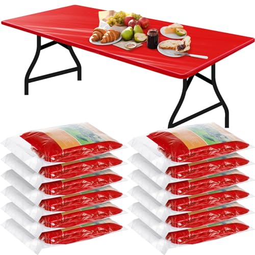 Boao 6 Pcs Disposable Plastic Tablecloth Parties Picnic Table Covers with Elastic Fitted Elastic Plastic Table Cover Rectangle Waterproof for Indoor, Outdoor, Picnic, Camping (Red,96 x 30 Inch)