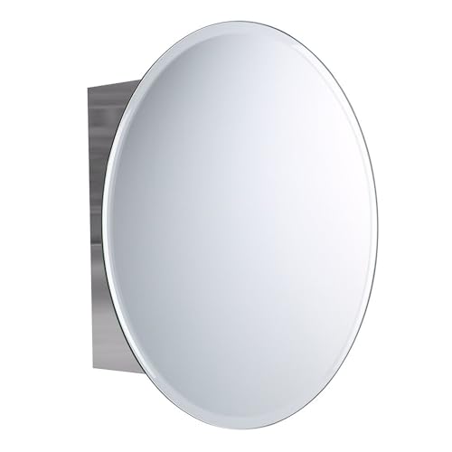 iBathUK Stockholm Wall Mounted Round Mirror Cabinet, Frameless Round Silver Mirror, Magnetic Catch, Modern Bathroom Storage, Polished Stainless Steel, 500x500mm