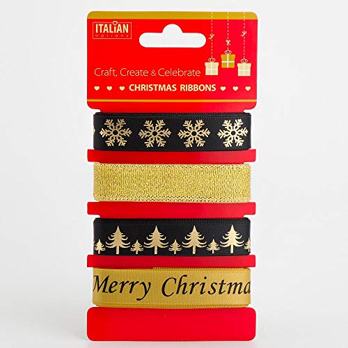 Italian Options Elegance Christmas Ribbons for Gift Wrapping, Assorted Christmas Ribbon for Crafts, Wreaths, Tree Decorations, Cards, Fabric Ribbon in Gold, Black and Xmas Designs, 4 Designs x 2M (8M)