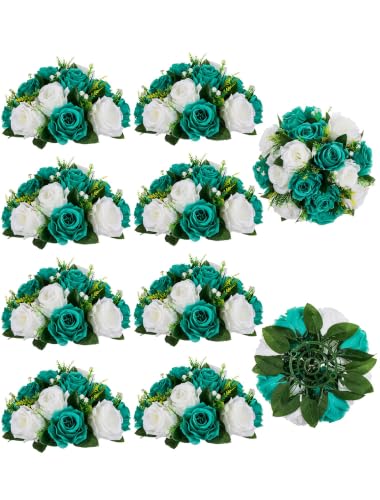 BLOSMON Flower Centerpieces for Tables Wedding 10 Pcs Teal & White Fake Flowers Rose Arrangement Bouquet Floral Centerpiece Balls Artificial Wedding Center Pieces of Valentines Day Home Decor
