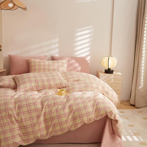 EAVD Pink Yellow Grid Plaid Duvet Cover King Soft Washed Cotton Gingham Duvet Cover Set 3 Pieces Modern Grid Checkered Pattern Bedding Set with 2 Pillowcases Zipper Closure for All-Season