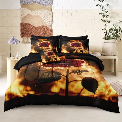 Chumerry Black Red Comforter Set Fire Rose Romantic Bedding Set Red Rose Flower Floral Orange Flame Bedding Love Couple Comforter Black King Bed in A Bag