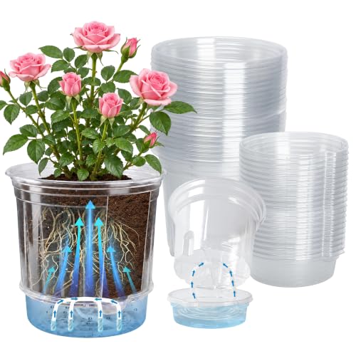 Bluepro 20 Pack 5 Inch Clear Self Watering Plant Pots with Bottom Water Tray & Watering Rope, Transparent Nursery Pots with Drainage for Seedlings, Herbs, and Houseplants