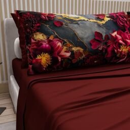 PETTI Artigiani Italiani - Cotton Sheets with Pillowcases in Digital Print, French Quarter, Complete Top and Bottom Sheet with Corners, Floral 06 16 Bordeaux, 100% Made in Italy