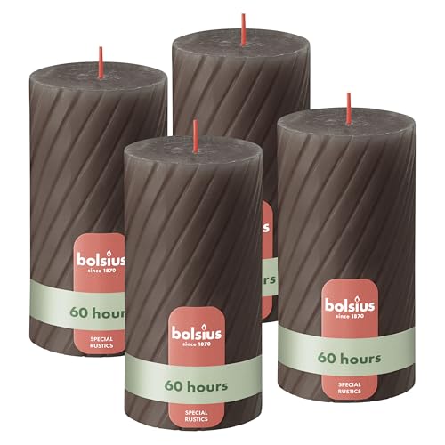 Bolsius Rustic Pillar Candles – Ribbed – Taupe – Set of 4 – 13 cm – Decorative Household Candles – Made with Natural Plant-Based Wax – Palm Oil Free