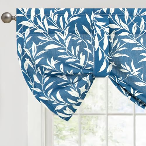 VOGOL Linen Textured Kitchen Valances, Navy Blue Leaf Pattern Valance Curtains for Small Windows, Farmhouse Style Tie Up Window Treatment, Quick Refresh Your Room, 52 x 18 Inches