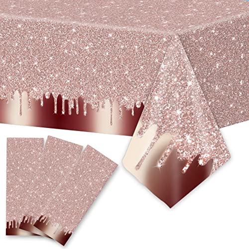 3pcs Pink Rose Golden Birthday Party Tablecloths Rose Gold Sequin Plastic Table Cover Glitter Diamonds Happy Birthday Background Girls for Wedding Graduation Anniversary Indoor or Outdoor Holiday