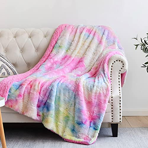 "NEWCOSPLAY Super Soft Faux Fur Throw Blanket for Couch Light Rainbow Sherpa Fuzzy Plush Warm Blanket for Sofa Bed (Light Rainbow, Throw(50""x60""))"