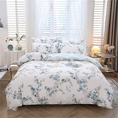URBONUR 100% Cotton King Size Duvet Cover Set 3 Pieces Blue Floral Bedding - Garden Flowers Pattern Printed on White, Soft and Breathable Reversible Comforter Cover, Button Closure & Corner Ties