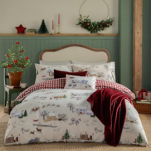furn. Cotswolds Christmas Duvet Cover Set – Reversible Gingham Design Bedding (Cream/Burgundy - Single)