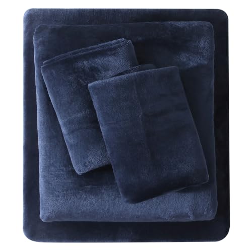 Viviland Plush Micro Fleece Full Bed Sheet Set - Soft Polar Fleece Velvet Bedding Sheets - Extra Warm Winter Flannel Bed Sheets with Deep Pocket - Navy - Full