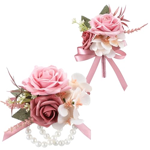 Canlierr 2 Pcs Dusty Pink Mens Boutonniere for Weddings Pink Wrist Corsage Double Pearl Bracelets Corsage and Boutonniere Set for Wedding Prom Party Artificial Flowers Ceremony Accessories Decor Suit