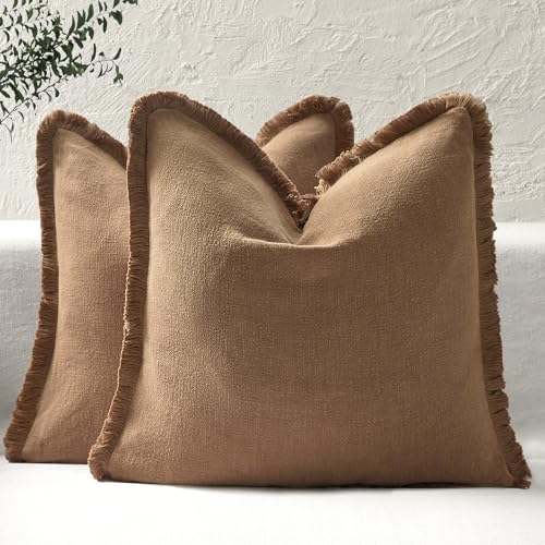 ROMANDECO Boho Decorative Throw Pillow Covers with Fringe for Couch, Living Room, Bed Set of 2, 20x20 Inches, Pale Brown