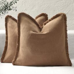 ROMANDECO Boho Decorative Throw Pillow Covers with Fringe for Couch, Living Room, Bed Set of 2, 20x20 Inches, Pale Brown