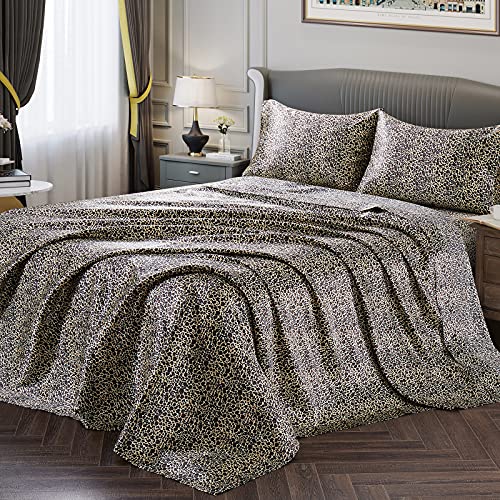 Vonty Queen Size Leopard Print Sheet Set - Silky Soft Satin, 1 Deep Pocket Fitted + 1 Flat + 2 Pillowcases