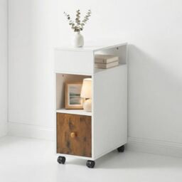 FurnitureR Mobile End Table with Storage Drawer, White and Rustic Brown, 2 Shelves, Narrow Slim Design, 50 x 25 x 68 cm