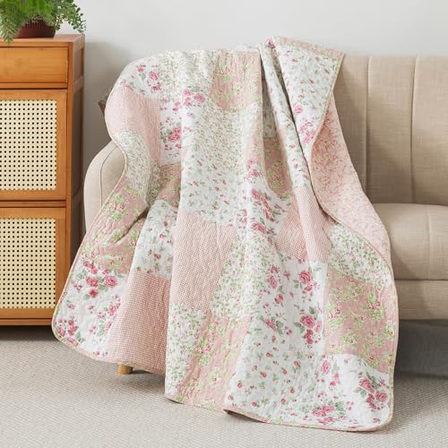 "Soul & Lane Blush Bloom Quilted Throw Blanket - 50"" x 60"": 100% Cotton Floral Quilt in Blush and Pink, Roses Patchwork Lap Quilt"