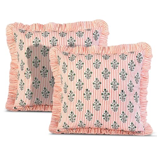 "Ridhi Block Print Salmon Blossom Throw Pillow Cover 20"" x 20"" (Pack of 2) Decorative Cushion Covers with Ruffle for Couch, Sofa, Bed, Living Room, Home Decor Gift for Spring, Easter, Valentine"
