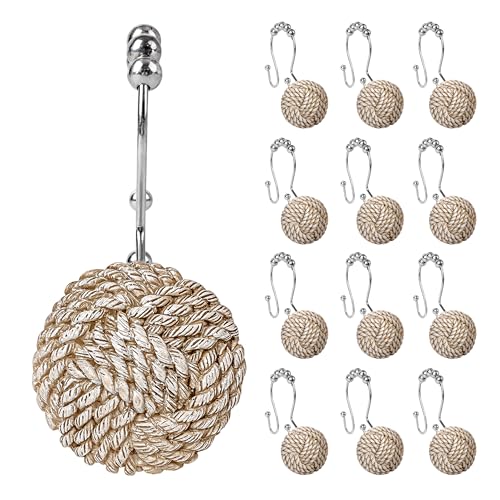 Sunlit Boho Knots Double Shower Curtain Hooks, Home Decorative Shower Curtain Rings for Bathroom, Seaside Nautical Shower Curtain Hangers Bathroom Accessories, Set of 12